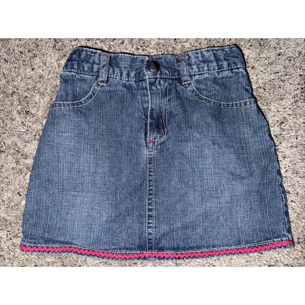 Gymboree Little Girls Size 6 Blue Jean Skirt Snap Pockets Cotton‎ 2014 Pink Trim